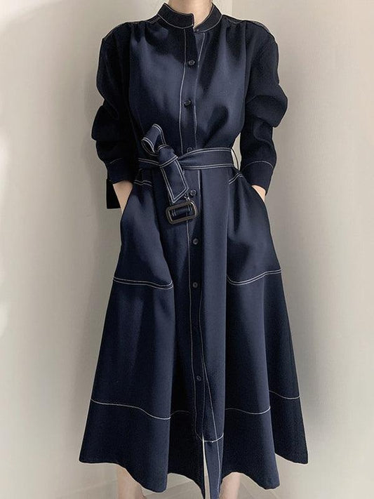 lovevop Stand Collar Single Loose Tie Trench Dress