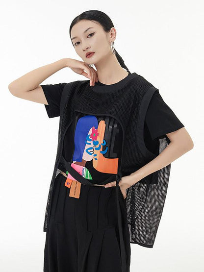 lovevop Original Short Sleeves Mesh Cartoon Printed Contrast Color Round-Neck T-Shirts Tops