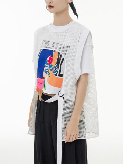 lovevop Original Short Sleeves Mesh Cartoon Printed Contrast Color Round-Neck T-Shirts Tops