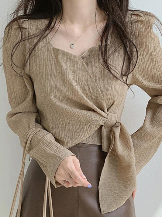 lovevop Square Neck Strappy Loose Long Sleeve Shirt