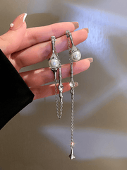 lovevop A two-piece pearl chain asymmetric rhinestone tassel long earring