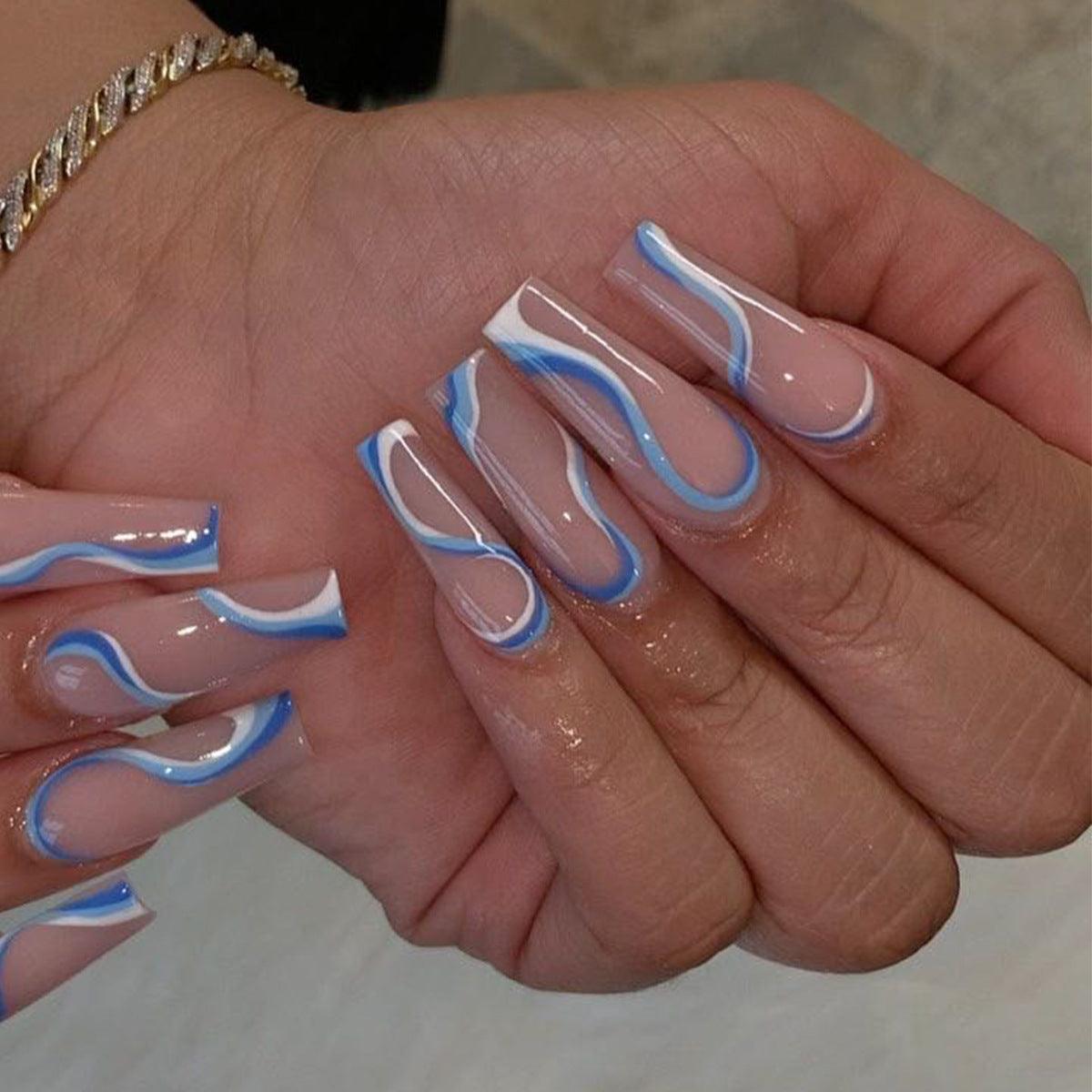 lovevop Wavy Lines Blue And White Press On Nails