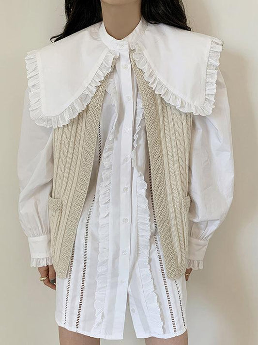 lovevop Large Lapel Lace Shirt&Linen Pattern Knitted Vest Coat
