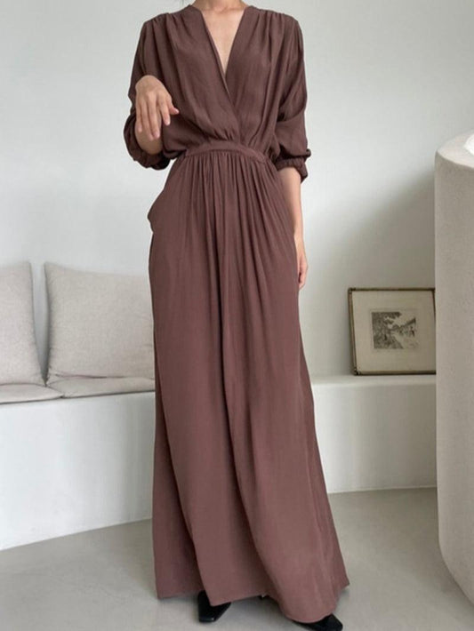 lovevop V-neck Cross-waist Wrinkled Loose Long Dress