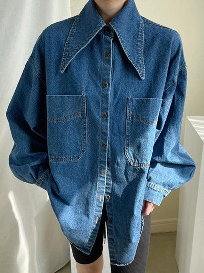 lovevop Vintage Large Collar Single Breasted Loose Denim Shirt