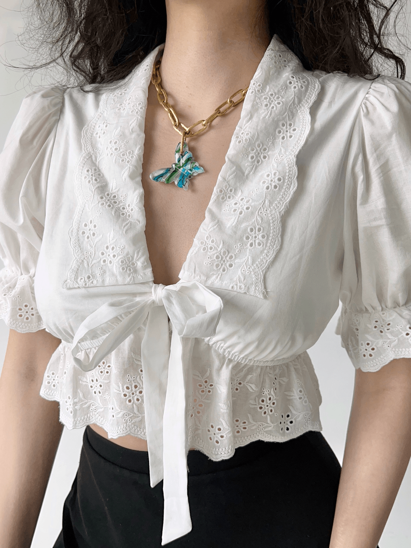 lovevop French Court Style Puff Sleeve Embroidered Tie White Shirt