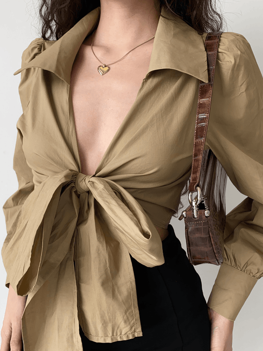 lovevop Sexy Cross V-Neck Tie Lantern Sleeves Cropped Lapel Shirt