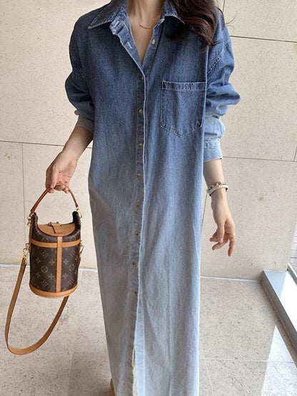 lovevop Lapel Gradient Smudge Loose Long Sleeve Denim Dress