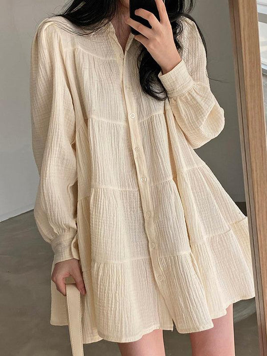 lovevop Lapel Pleated Loose Puff Sleeve Short Shirt Dress