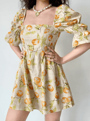 lovevop Vintage Fruit Print Square Neck Puff Sleeve Dress