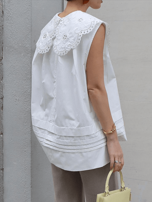 lovevop Embroidered Hollow Lace Large Lapel Cotton Sleeveless Shirt