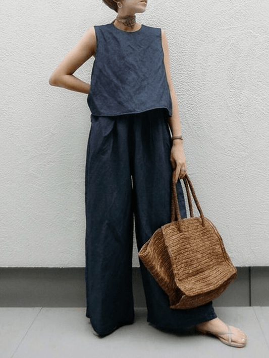 lovevop Sleeveless Linen Vest & wide-leg Trousers Sets