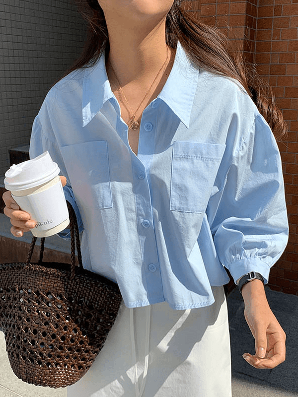 lovevop Chic Sky Blue Lapel Casual Shirt Top