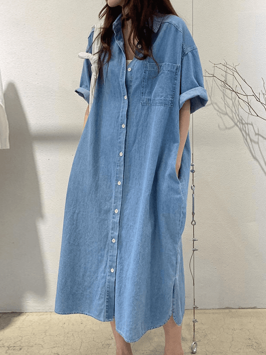 lovevop Vintage Lapel Single Breasted Casual Pocket Denim Dress