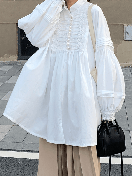 lovevop Loose Vintage Stand Collar Long Sleeve Shirt
