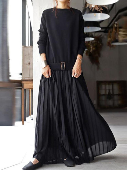 lovevop Belt Solid Pullover Knit Panel Pleated Dress