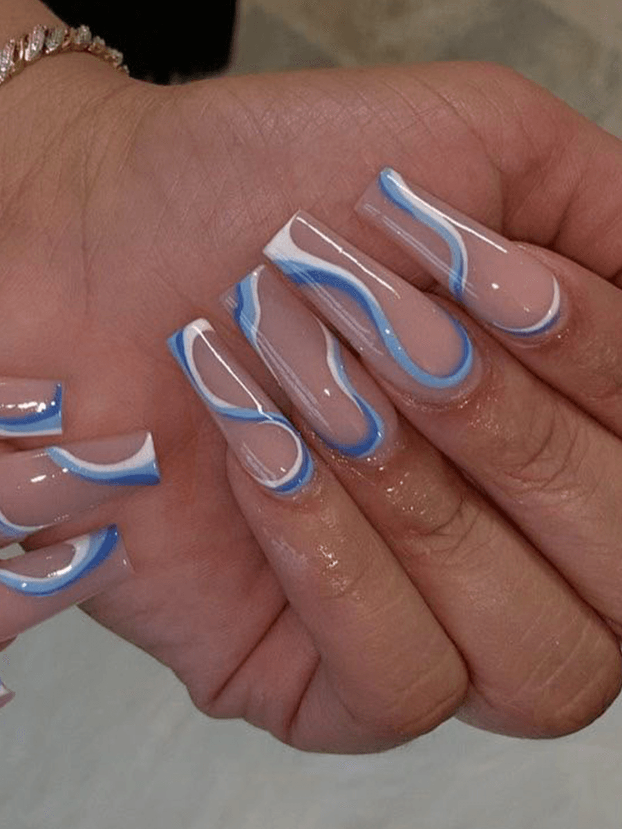 lovevop Wavy Lines Blue And White Press On Nails