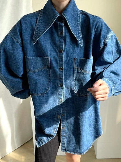 lovevop Vintage Large Collar Single Breasted Loose Denim Shirt