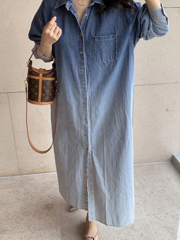 lovevop Lapel Gradient Smudge Loose Long Sleeve Denim Dress