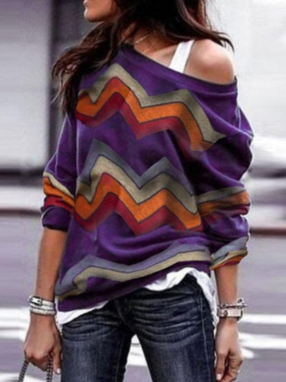 lovevop Off Shoulder Casual Long Sleeve Geometric Print Shirt Blouse