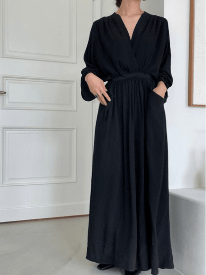 lovevop V-neck Cross-waist Wrinkled Loose Long Dress