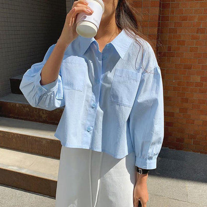 lovevop Chic Sky Blue Lapel Casual Shirt Top