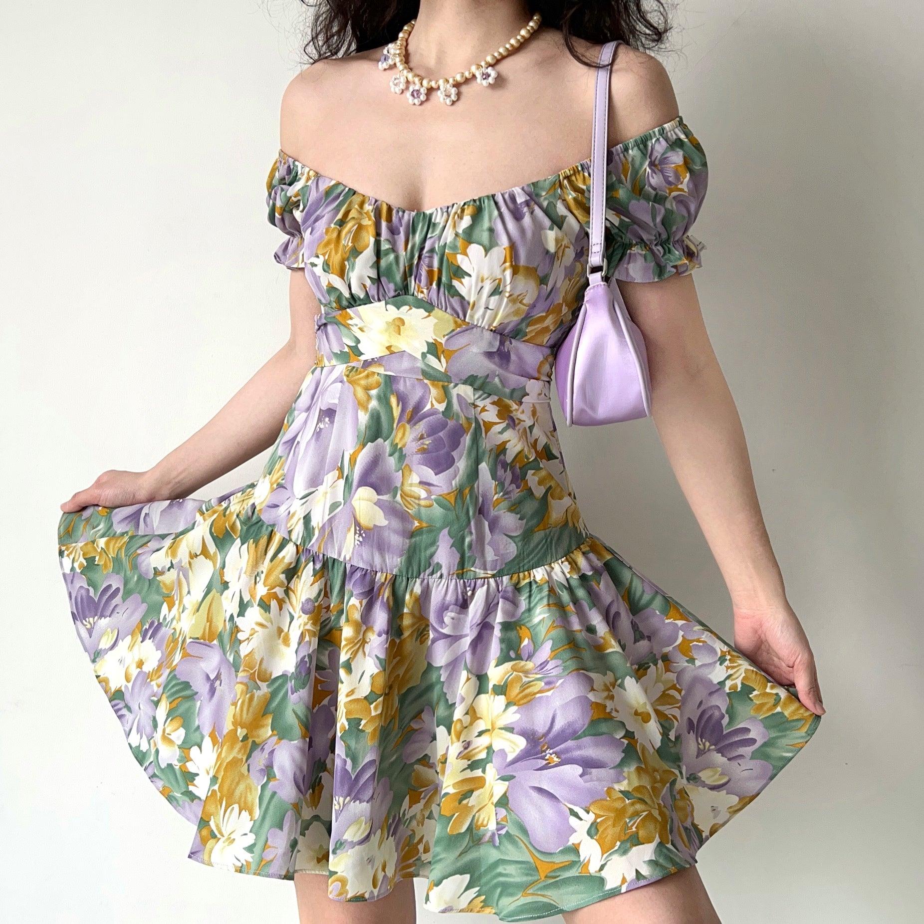 lovevop Ancient Oil Painting Floral Puff Sleeve Short Sleeve Dress