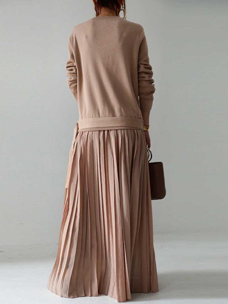 lovevop Belt Solid Pullover Knit Panel Pleated Dress