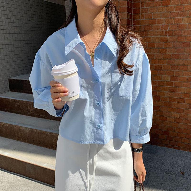 lovevop Chic Sky Blue Lapel Casual Shirt Top