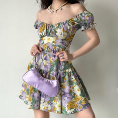lovevop Ancient Oil Painting Floral Puff Sleeve Short Sleeve Dress