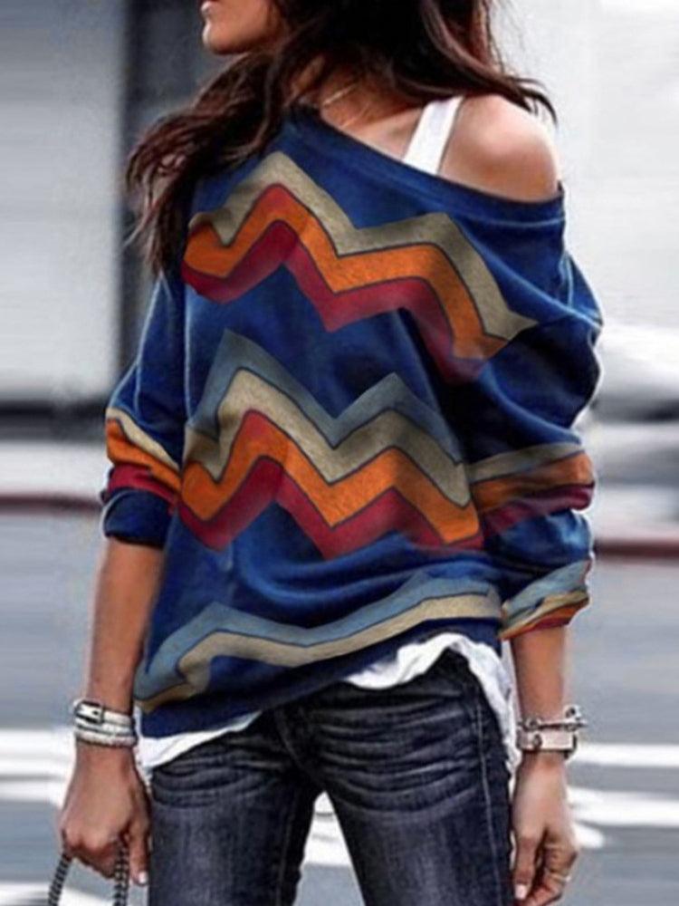 lovevop Off Shoulder Casual Long Sleeve Geometric Print Shirt Blouse