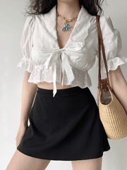 lovevop French Court Style Puff Sleeve Embroidered Tie White Shirt