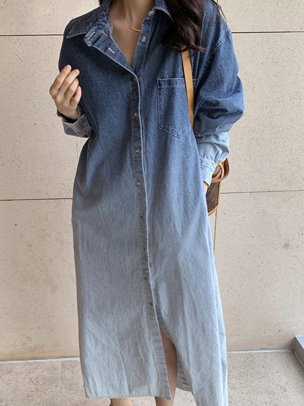 lovevop Lapel Gradient Smudge Loose Long Sleeve Denim Dress