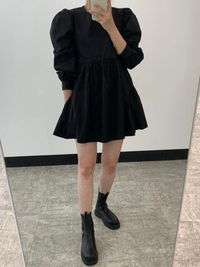 lovevop Simple Black Loose Puff Sleeve Short Shirt Dress