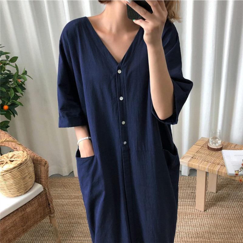 lovevop Chic V-neck Single Breasted Loose Dress