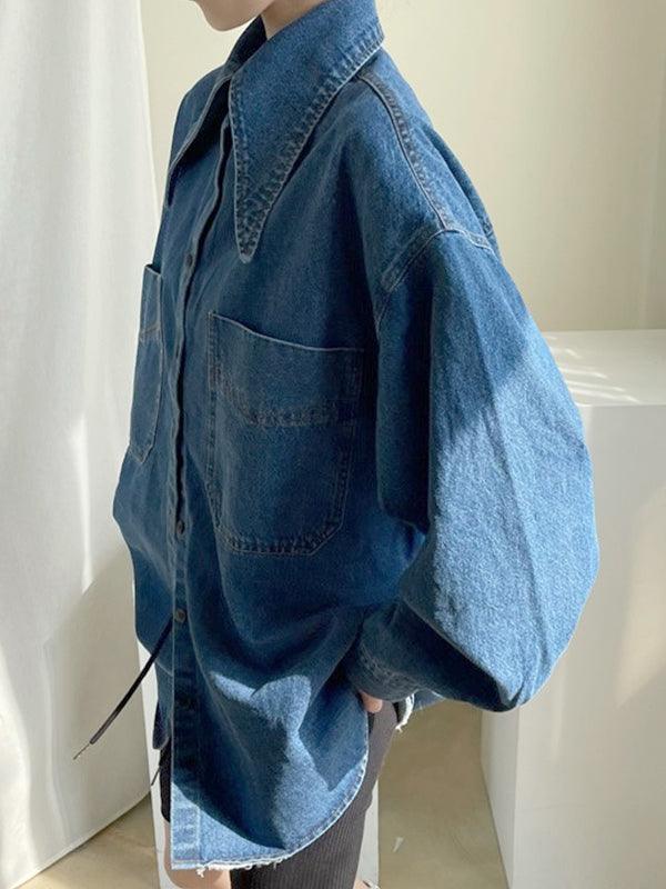 lovevop Vintage Large Collar Single Breasted Loose Denim Shirt