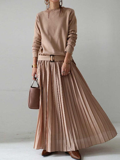 lovevop Belt Solid Pullover Knit Panel Pleated Dress