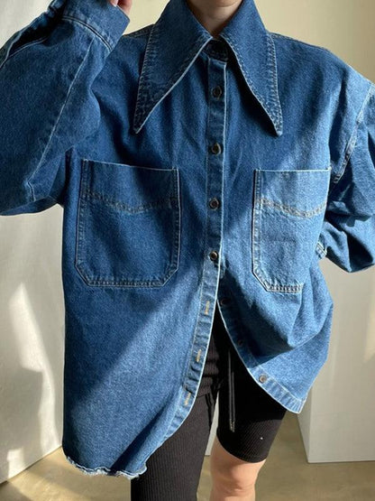 lovevop Vintage Large Collar Single Breasted Loose Denim Shirt