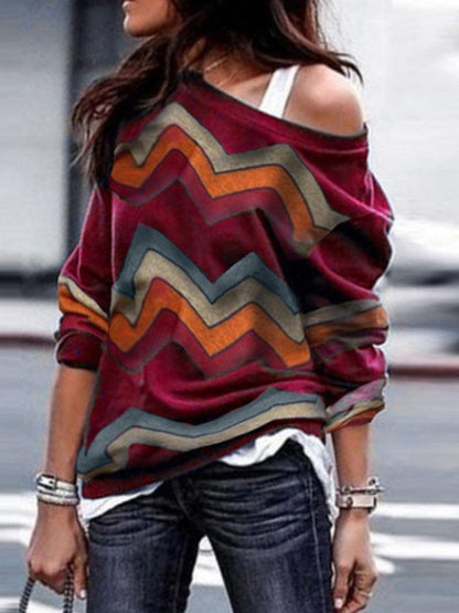 lovevop Off Shoulder Casual Long Sleeve Geometric Print Shirt Blouse