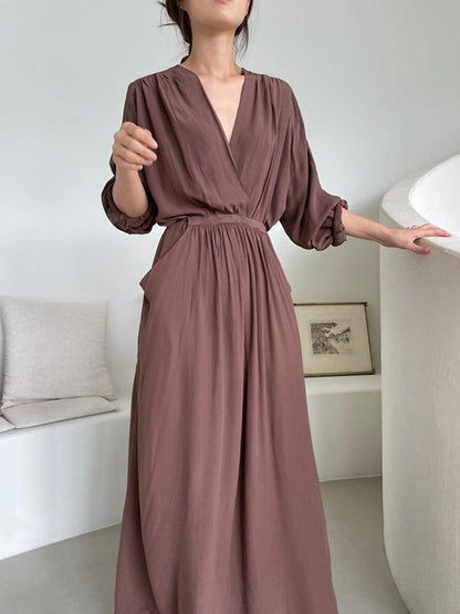 lovevop V-neck Cross-waist Wrinkled Loose Long Dress