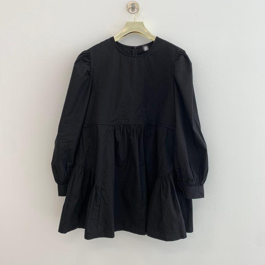 lovevop Simple Black Loose Puff Sleeve Short Shirt Dress