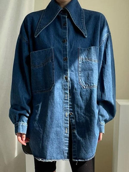 lovevop Vintage Large Collar Single Breasted Loose Denim Shirt