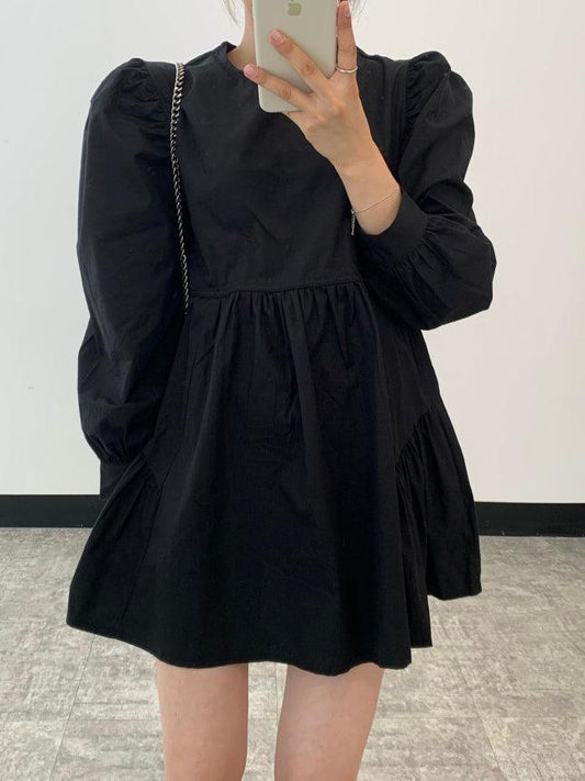 lovevop Simple Black Loose Puff Sleeve Short Shirt Dress