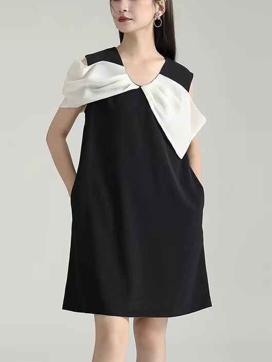 lovevop Asymmetric White Bow Black Dress