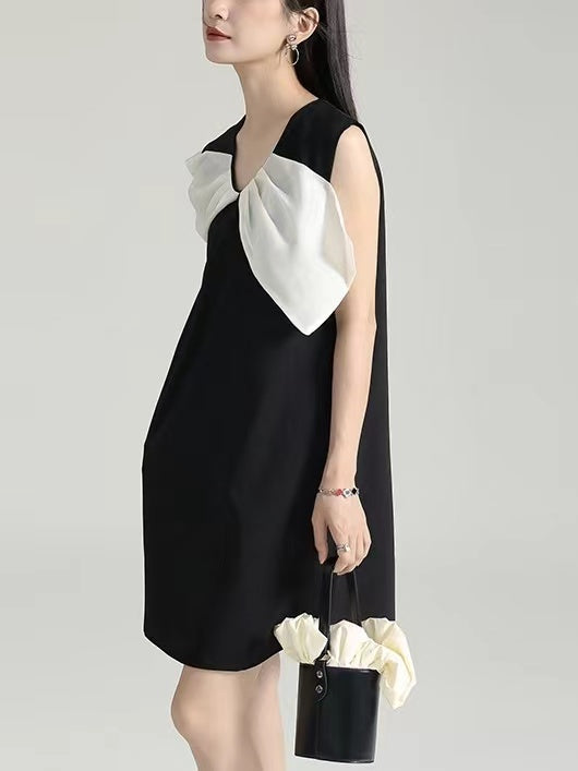 lovevop Asymmetric White Bow Black Dress