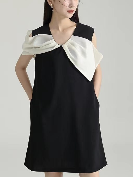 lovevop Asymmetric White Bow Black Dress