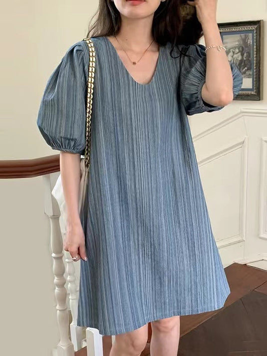 lovevop Vintage Stripe Puff Sleeve Denim Dress