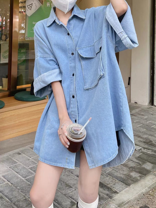 lovevop Plus Size Loose Slim Denim Shirt Dress