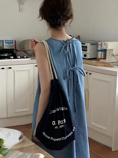 lovevop Loose Open Back Tie Bow Denim Tank Dress