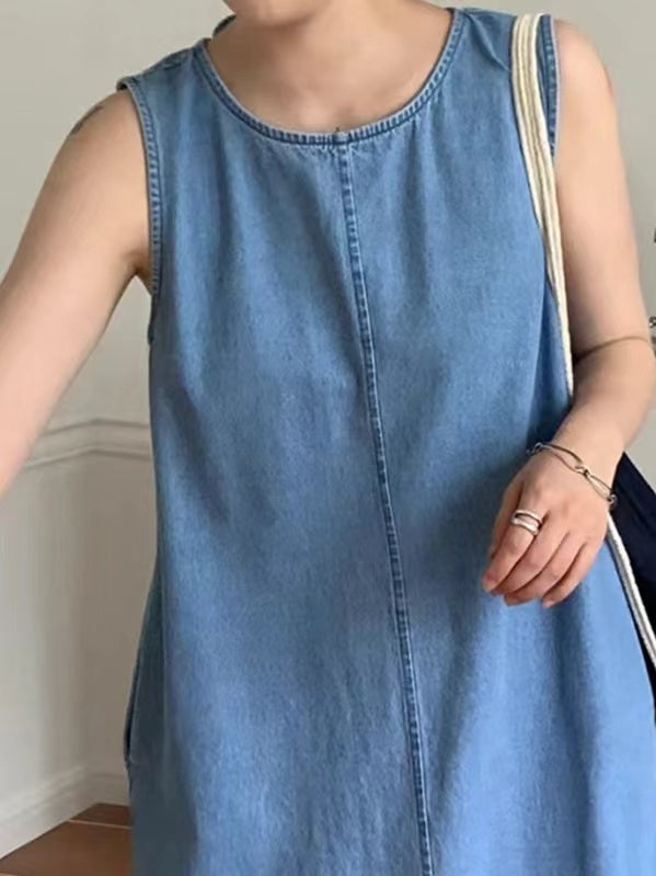 lovevop Loose Open Back Tie Bow Denim Tank Dress